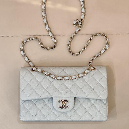 Small Chanel Grained Calfskin Flap Bag Light Blue A01117